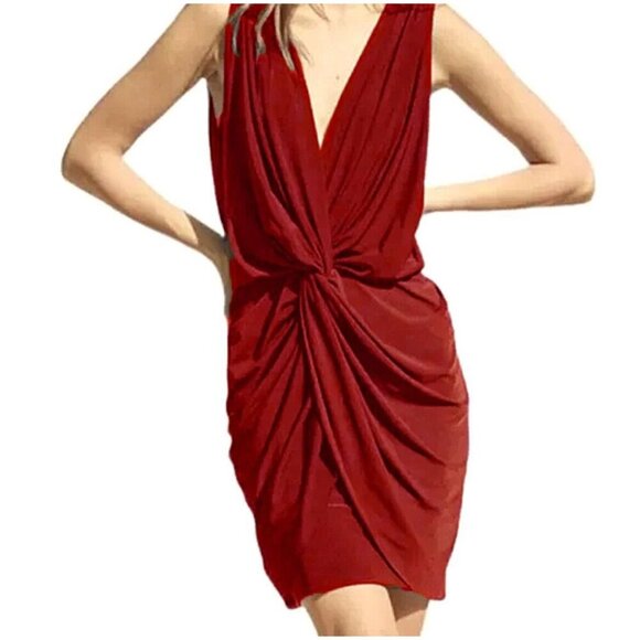 NWT Misa Los Angeles‎ Leza Jersey Red Sleeveless Dress V-Neck Twisted Waist Mini - Picture 1 of 11